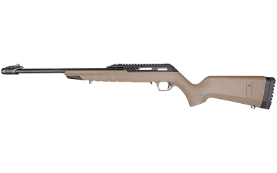Side view of a tan hunting rifle.