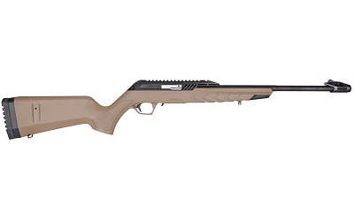 Tan rifle with sleek design and scope rail.