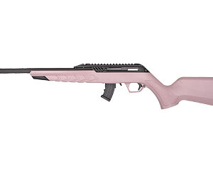 Pink rifle with black accents on display.