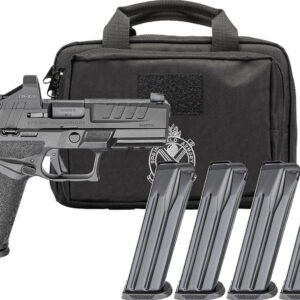 Black handgun with carrying case and magazines.