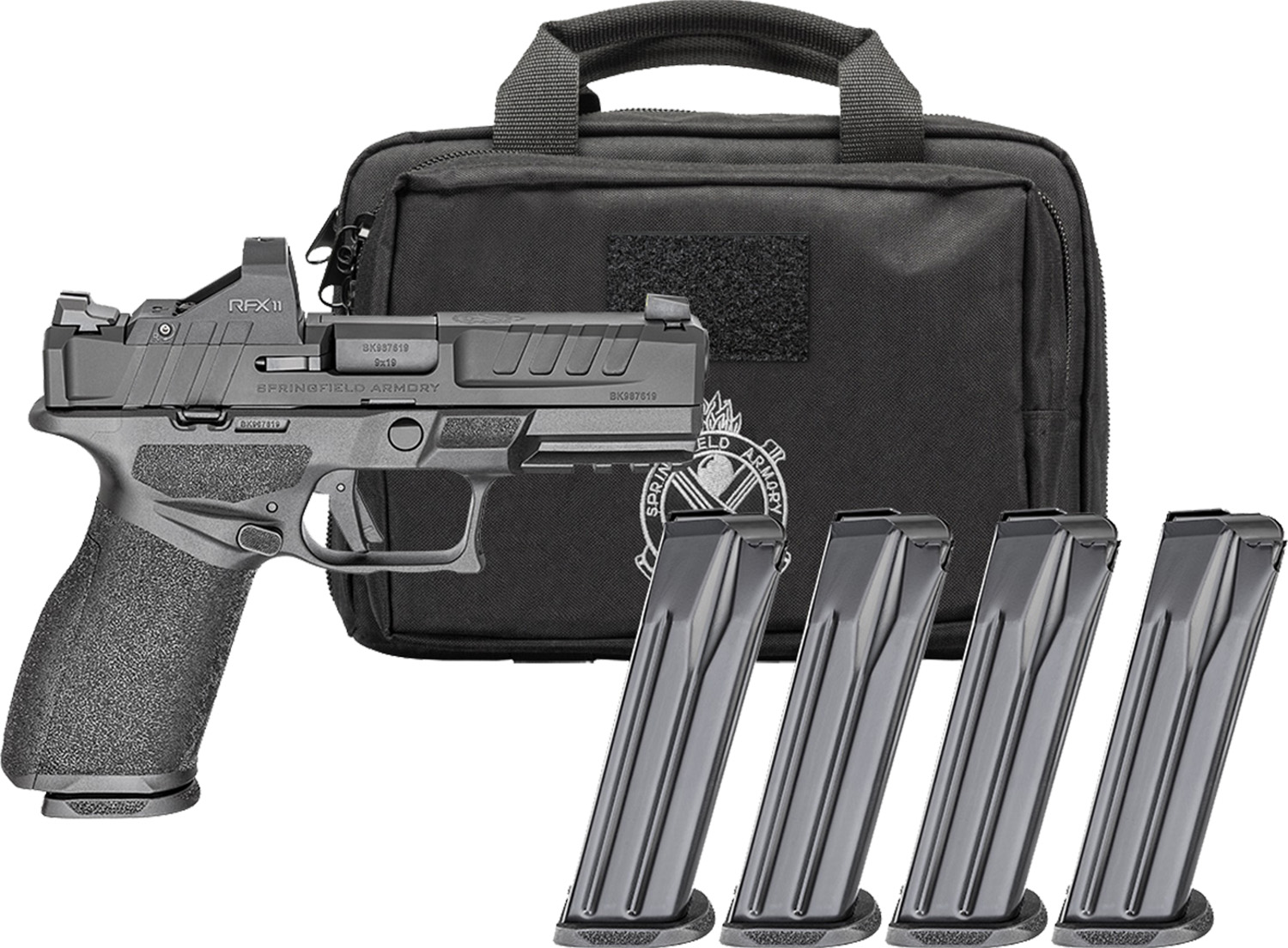 Black handgun with carrying case and magazines.