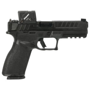 Black semi-automatic pistol with red dot sight.