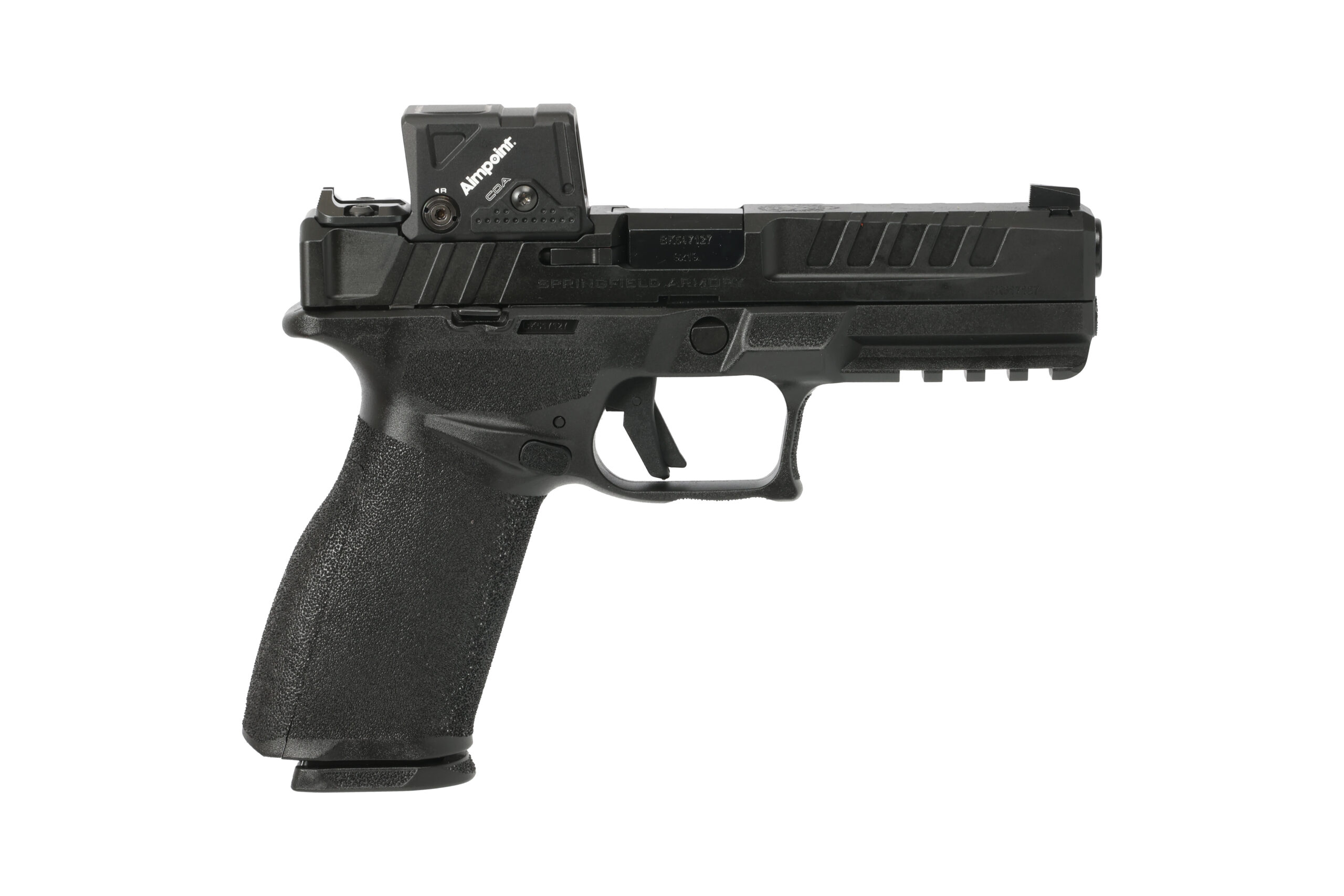 Black semi-automatic pistol with red dot sight.
