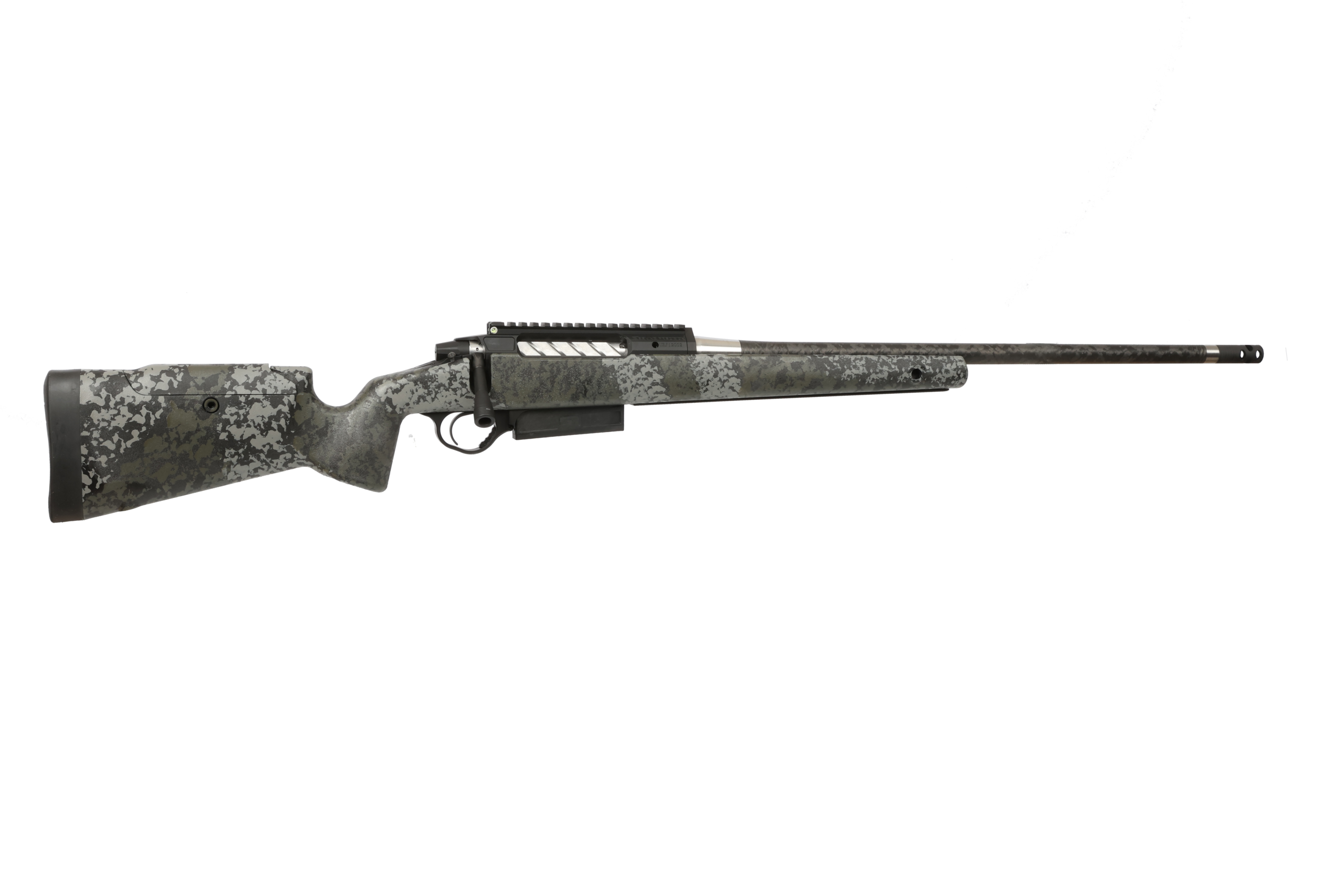 Side view of a camouflage rifle.
