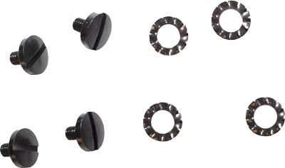 Set of black screws and washers on white background