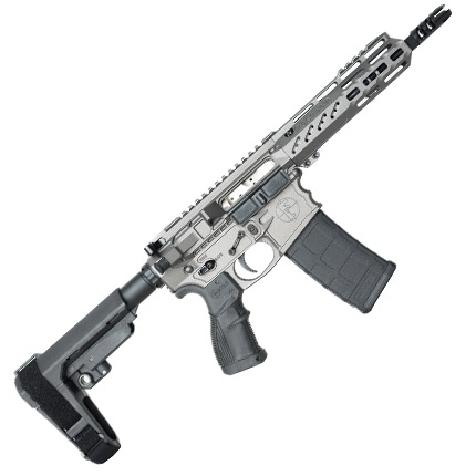 Silver firearm with a tactical stock design.