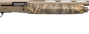 Side view of a camouflage shotgun.