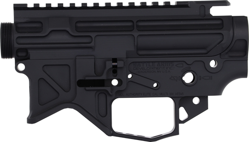 Black firearm upper receiver side view.