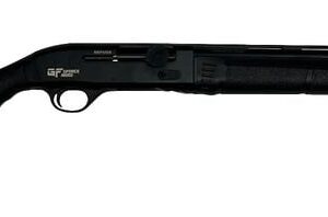 Side view of a black shotgun.