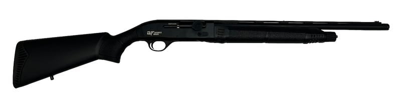 Side view of a black shotgun.