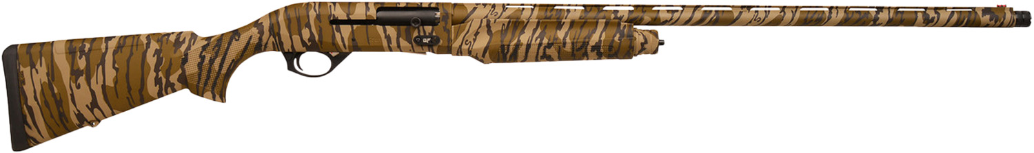 Side view of a camouflage-patterned shotgun.
