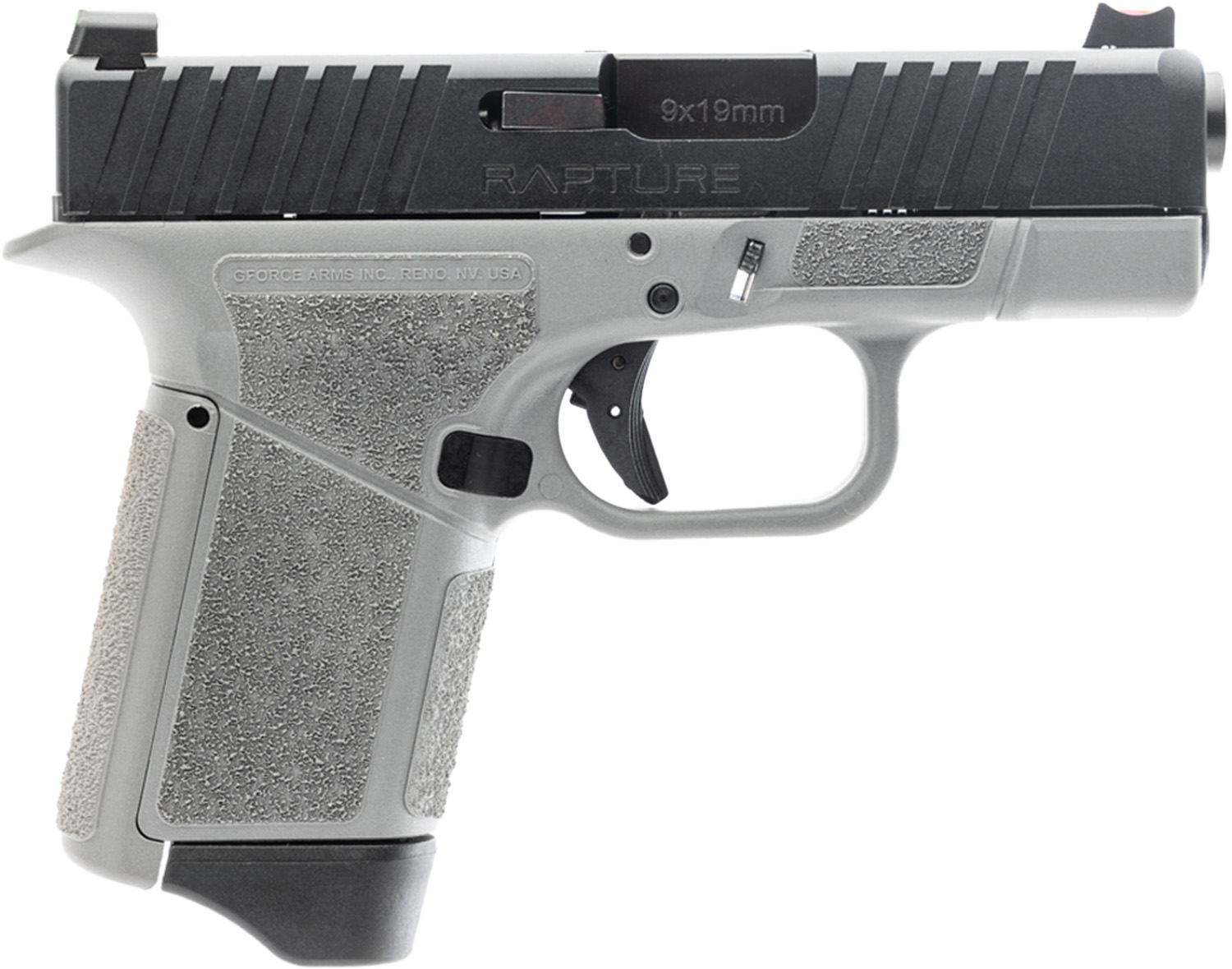 Side view of a gray semi-automatic pistol.
