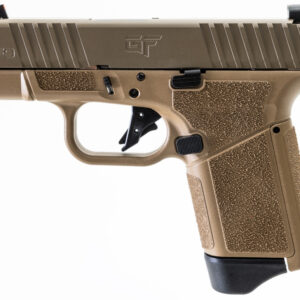 Side view of a brown semi-automatic handgun.