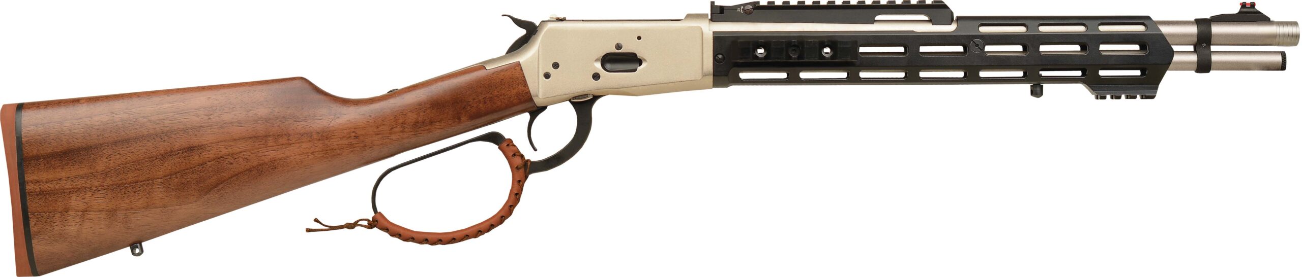 A wooden lever-action rifle with black components.