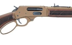 Side view of a brown lever-action rifle.