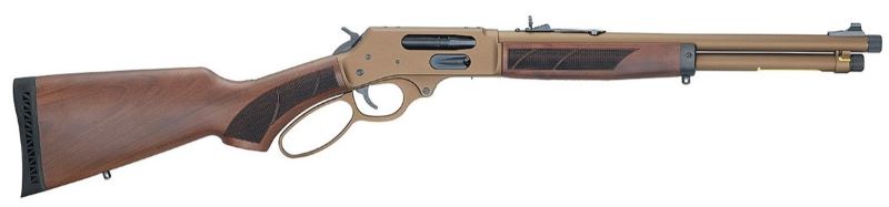 Side view of a brown lever-action rifle.