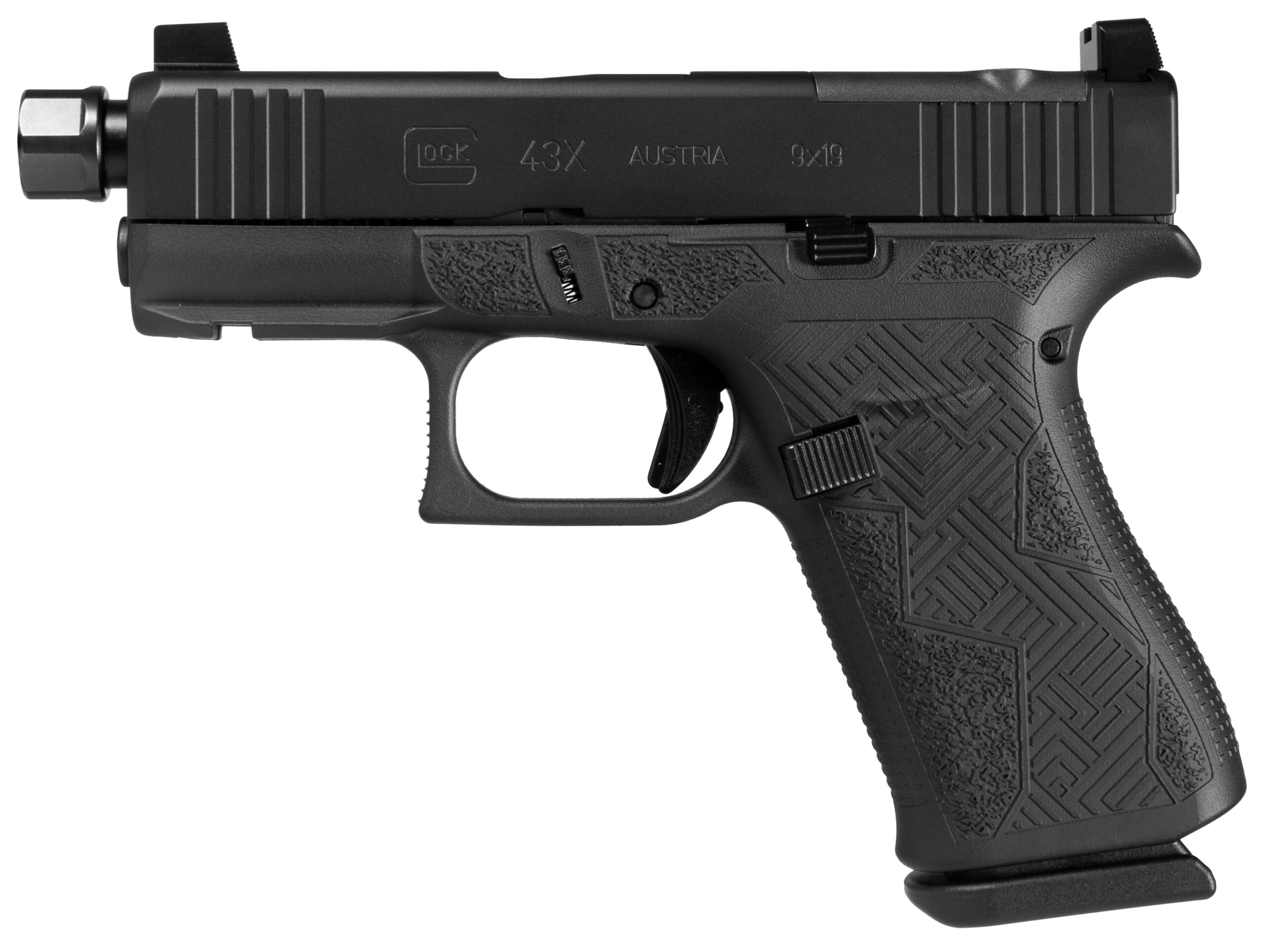 Black Glock 43X handgun side profile view.