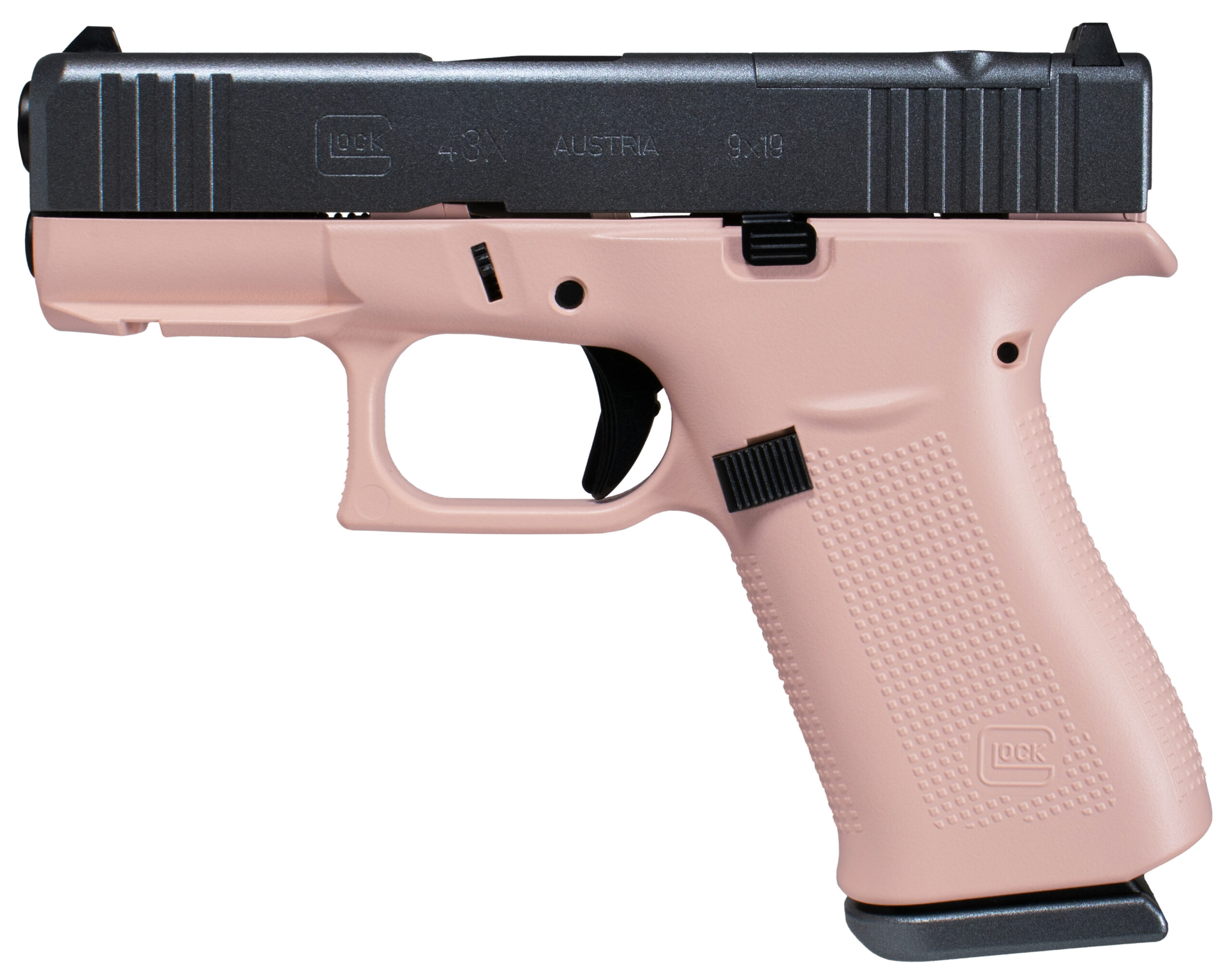 Pink Glock 43X handgun with black slide.