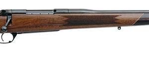 Side view of a wooden hunting rifle.