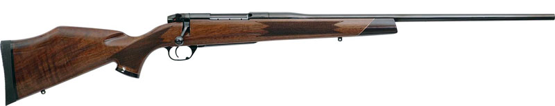 Side view of a wooden hunting rifle.