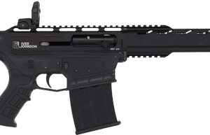 Side view of a black tactical rifle.