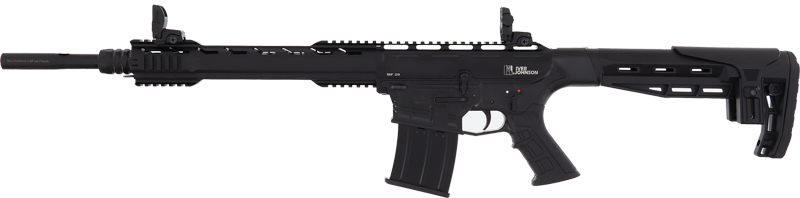 Black modern rifle with tactical features