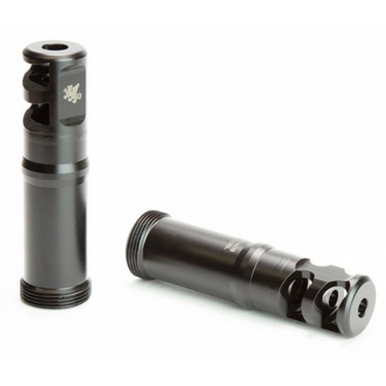Two black muzzle devices for firearms.