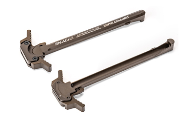 Two tactical charging handles for firearms.