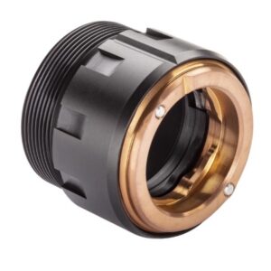 Close-up of a black and gold camera lens mount