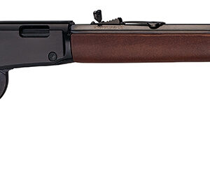 Side view of a rifle with wooden stock.
