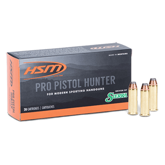 Box of HSM Pro Pistol Hunter cartridges with bullets