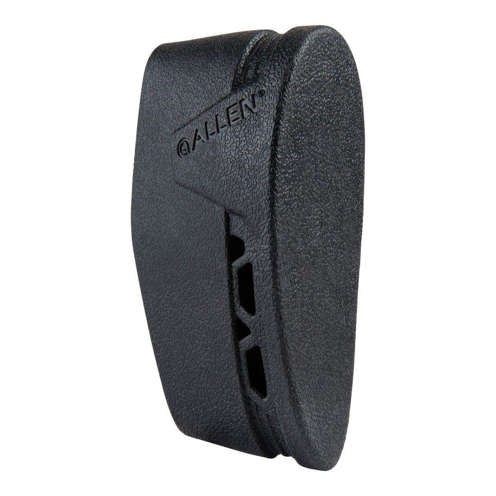Black rubber firearm butt pad for recoil absorption.