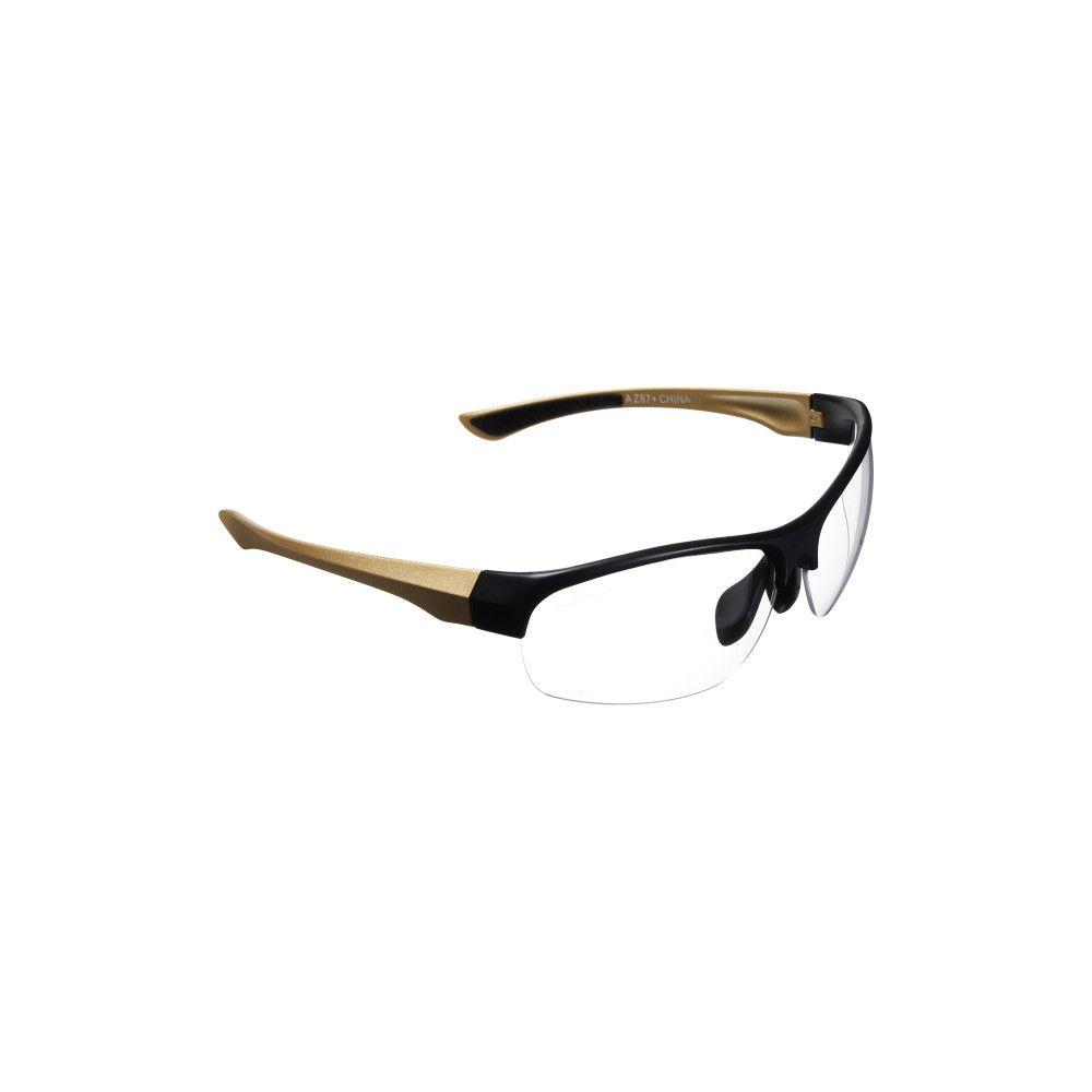 Stylish black and gold sunglasses with clear lenses.