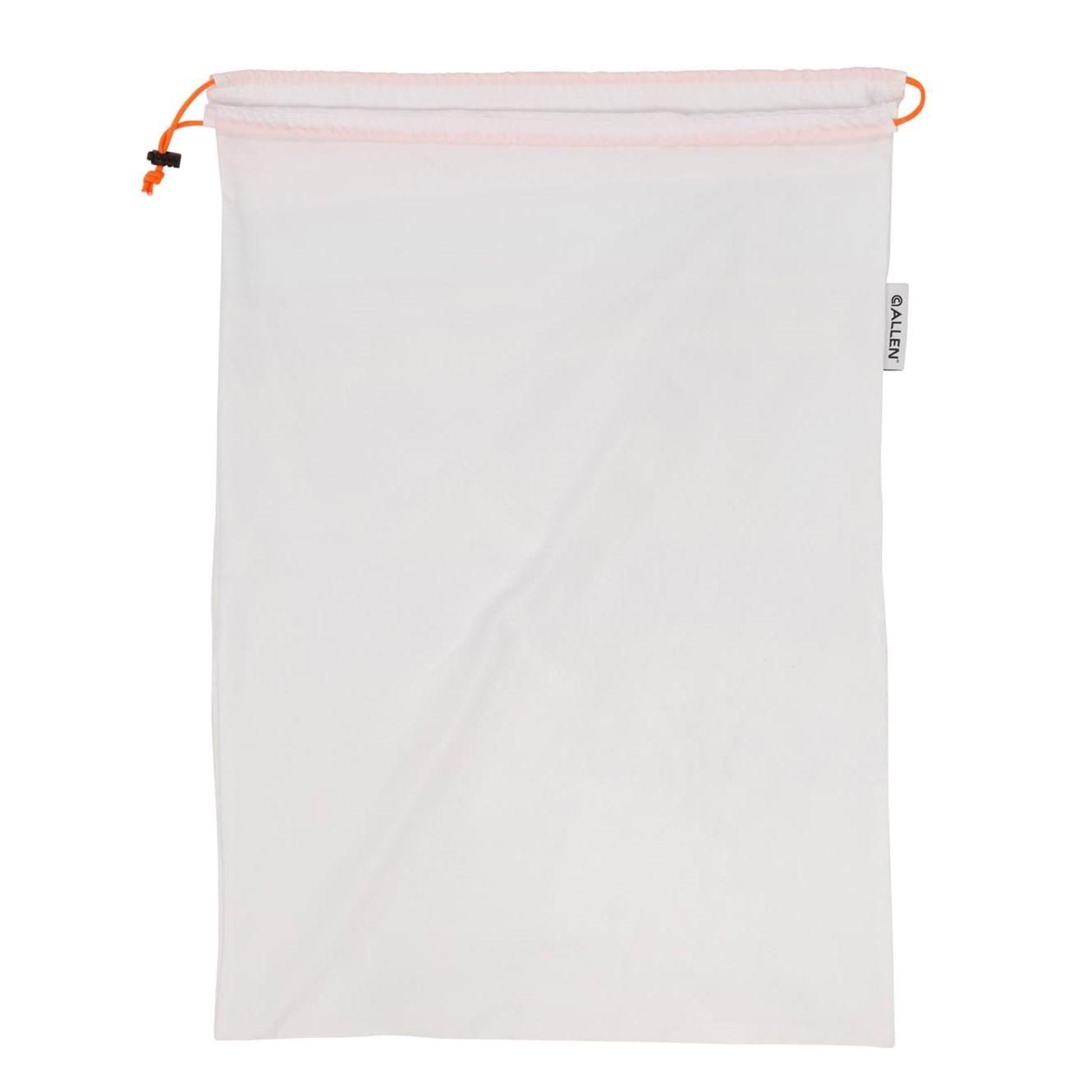 White mesh laundry bag with drawstring closure.