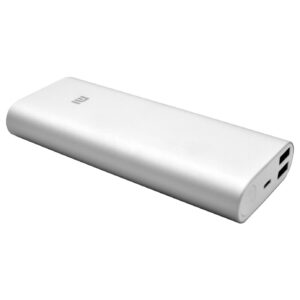 Portable silver power bank for charging devices.