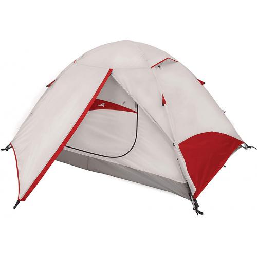 Outdoor tent with red and white design