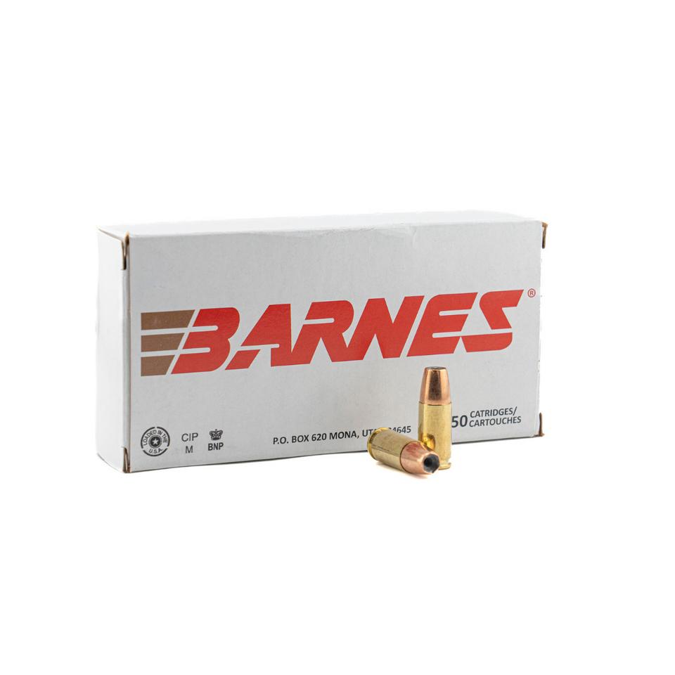 Box of Barnes ammunition cartridges with two exposed rounds.