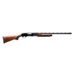 Side view of a shotgun with wooden stock.