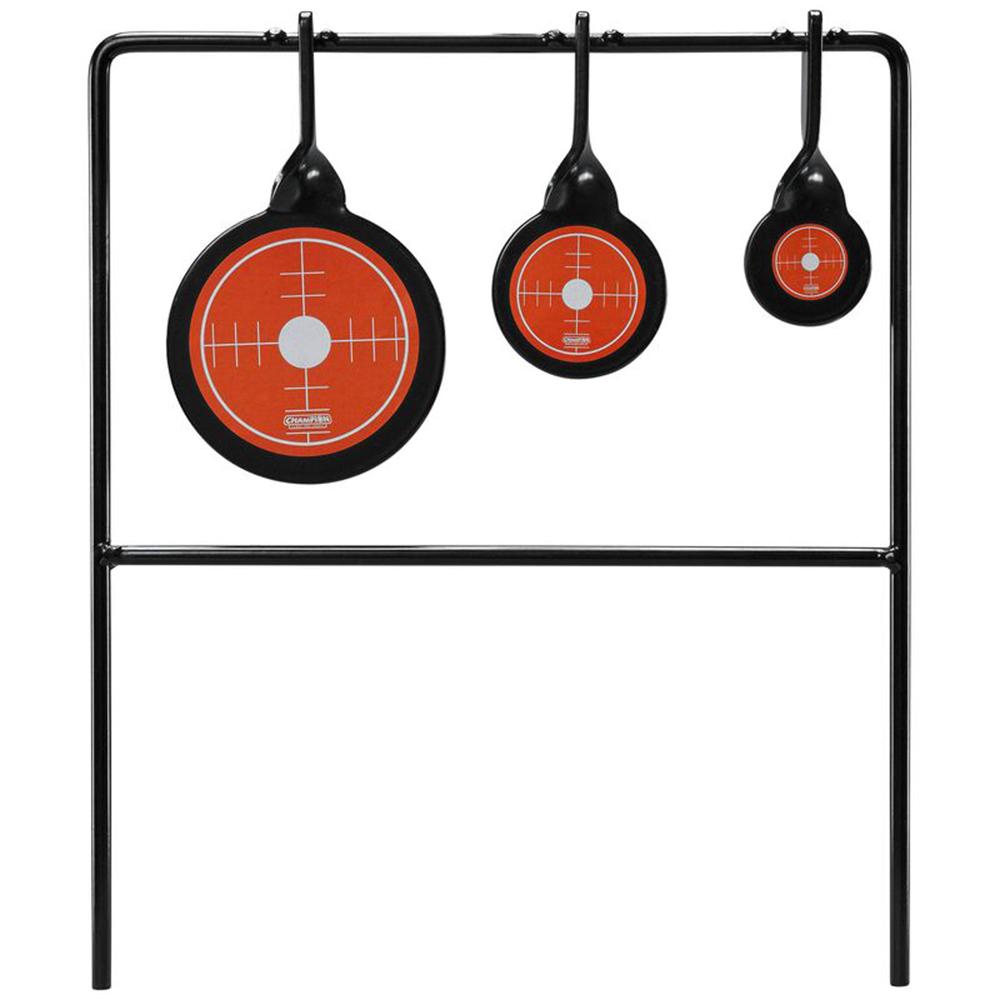Three shooting targets on a black stand.