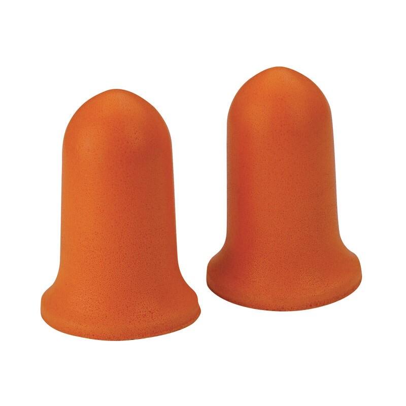 Pair of orange earplugs for noise reduction.