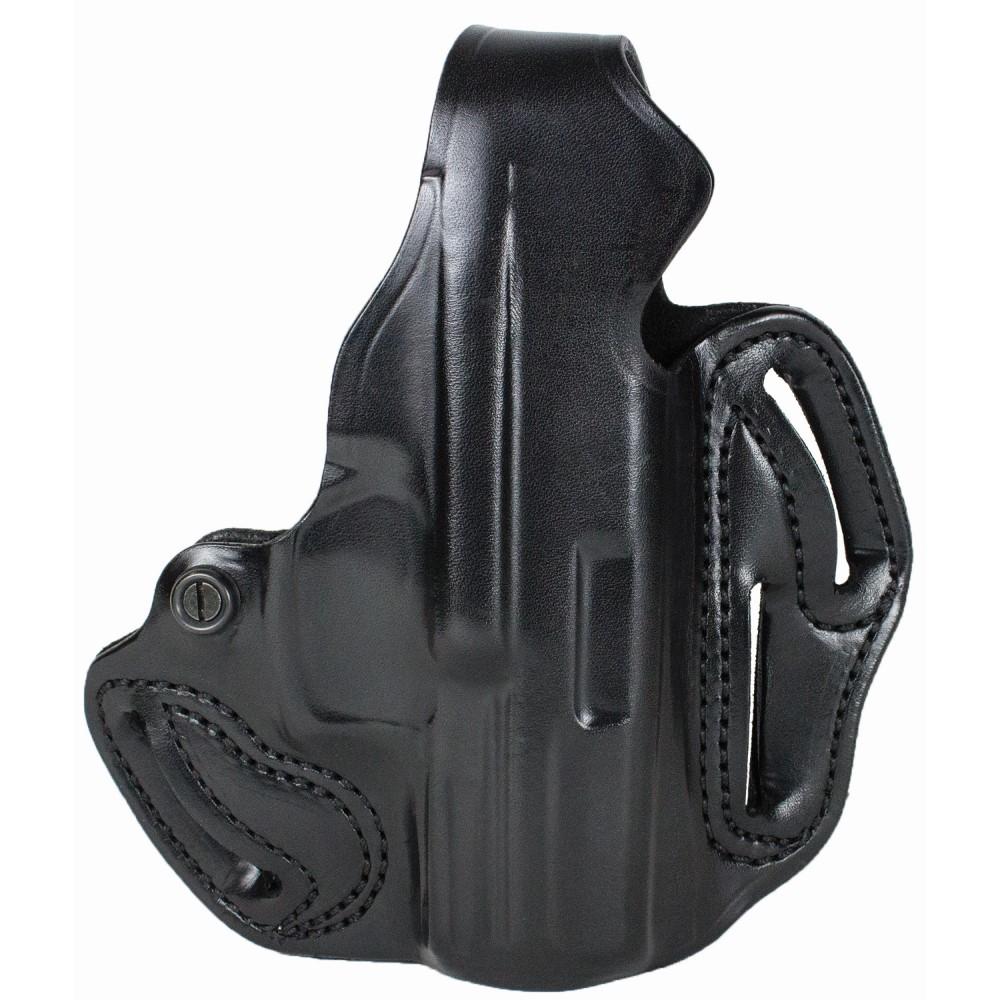 Black leather holster for firearm carrying.