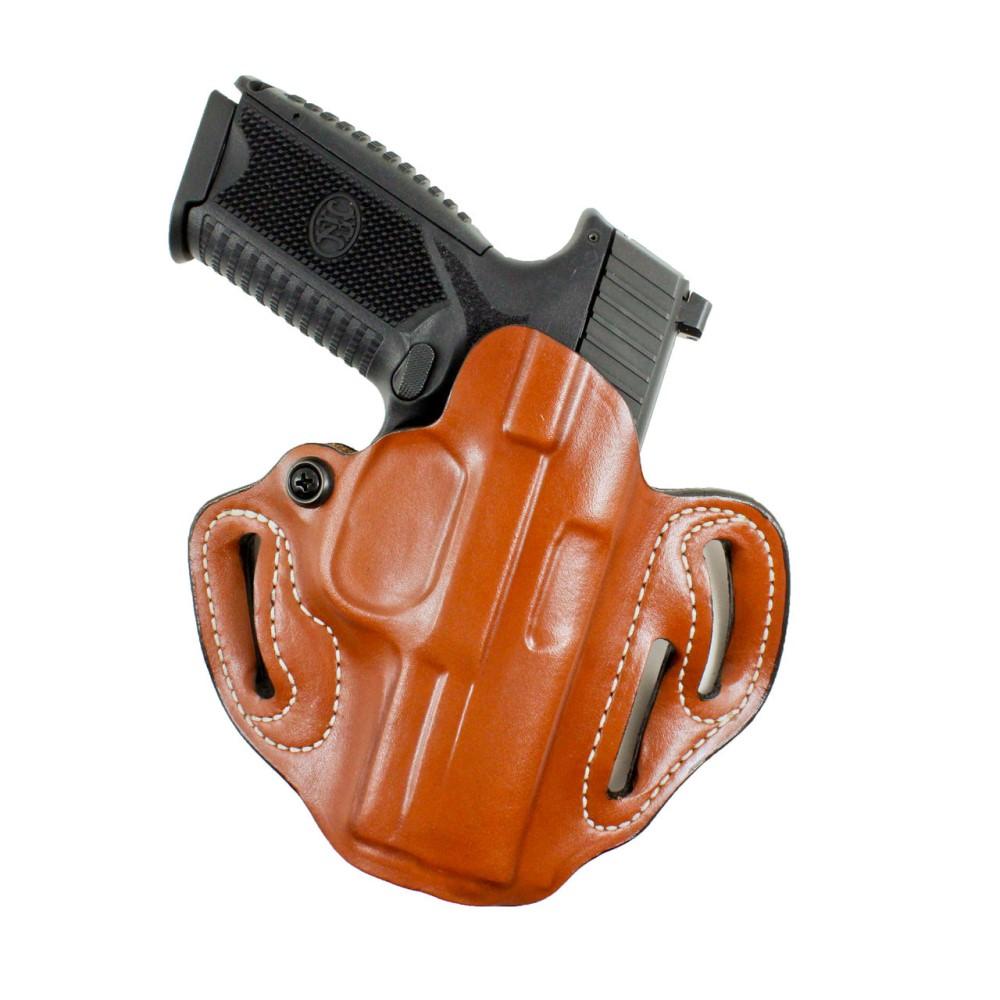 Handgun with brown leather holster.