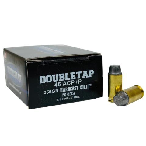 Box of DoubleTap .45 ACP+P ammunition with bullets