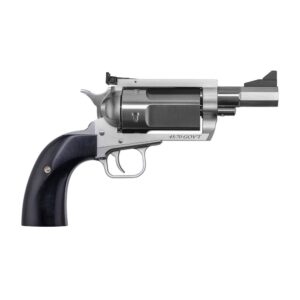 Stainless steel revolver with black grip.