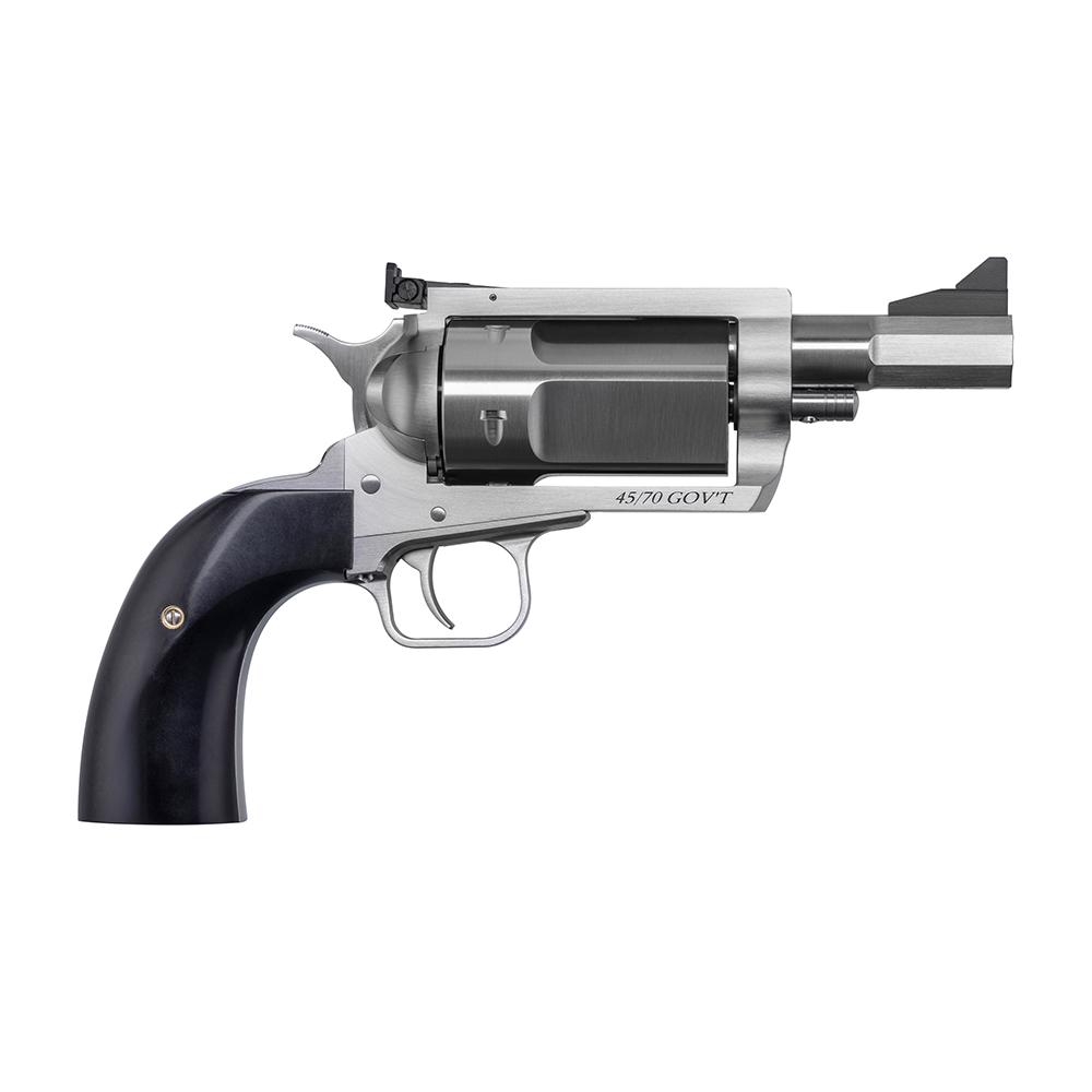Stainless steel revolver with black grip.