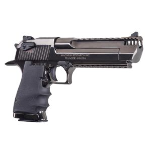 Close-up of a black semi-automatic handgun.