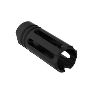 Black muzzle device with slots and hexagonal shape.