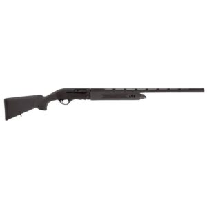 Side view of a black shotgun with wooden stock.