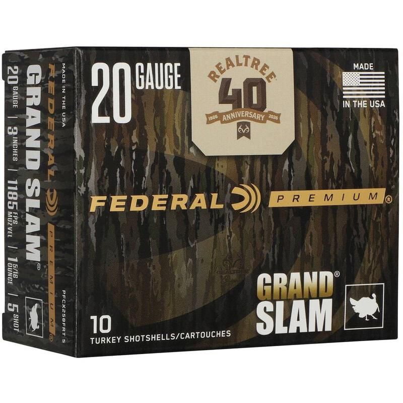 Box of 20 gauge Federal Grand Slam turkey shotshells.