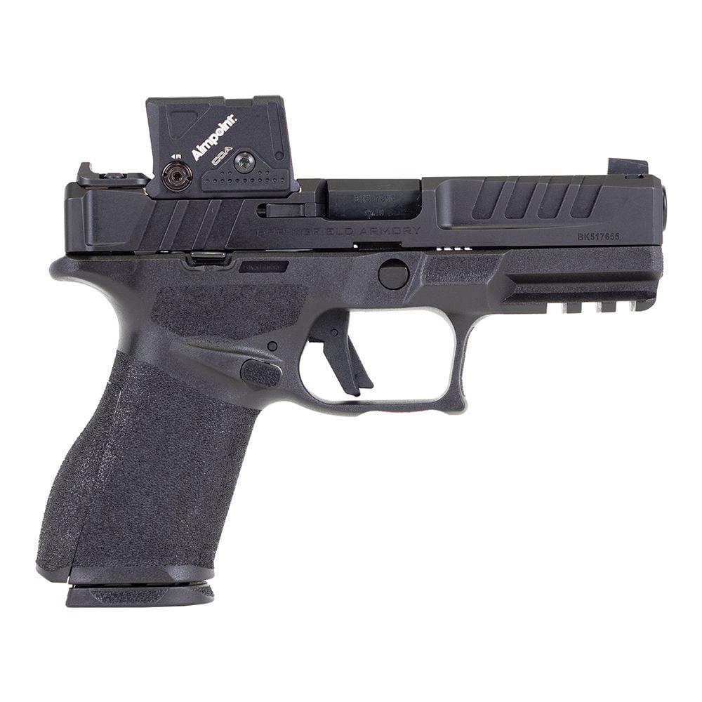 Side view of a black handgun with sight.